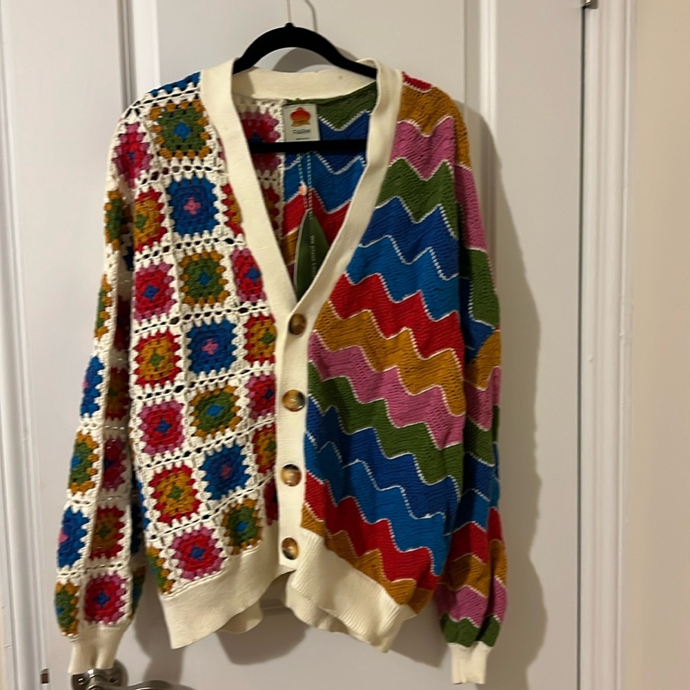 Farm rio crochet granny square mixed textures cardigan